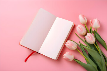 An open notebook with blank pages over a soft pink background surrounded by pink and white tulips