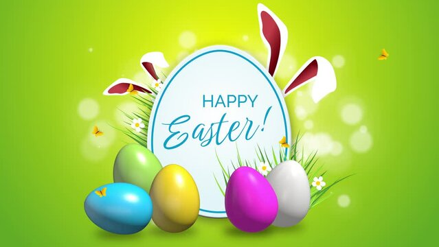 Easter sticker animation with rabbit ears and colored eggs on green background with butterflies. Happy Easter. Looped video.
