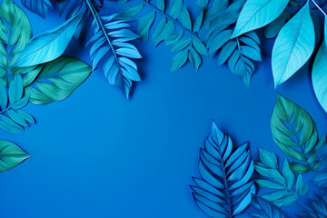 Collection of blue Tropical leaves, Foliage plant in blue color with space in blue Background.

