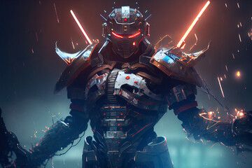 Robot samurai with huge shining katana in dynamic pose. Digitally generated AI image.