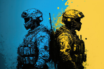 Soldiers with blue and yellow colors background. War in Ukraine. AI 