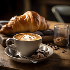 Cup of coffee and croissant, Generative AI