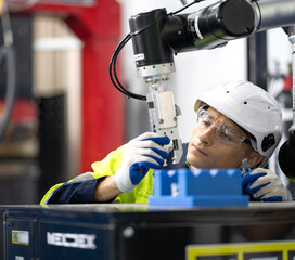 Industrial engineer working on robot arm maintenance in modern technology factory. Technician checking robotic automated welding torch machine to control welding process. Innovative engineering.