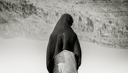 Back view isolated mock up muslim woman wear hijab stand alone isolated by lake alone pose