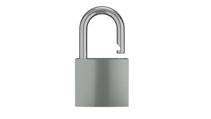 Silver unlocked padlock isolated on transparent background. Minimal concept. 3D render