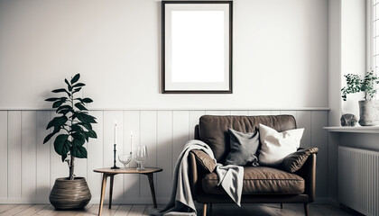 Stylish living room interior style with mock up frame above single sofa. Generative sofa