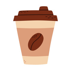 Paper cup with coffee in flat style. Vector illustration. Mug with coffee, tea, cocoa, cappuccino, latte. Isolated cup with coffee in hand drawn style. Logo for a coffee shop.