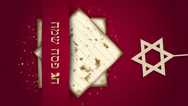 Vertical video. Matza traditional Jewish Passover holiday bread on red background with star of david. Animated looping screensaver with inscription Happy Passover.