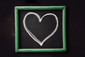 Doodle freehand white chalk drawing on green chalkboard with heart. Generative Ai