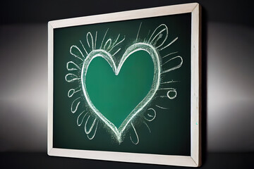 Doodle freehand white chalk drawing on green chalkboard with heart. Generative Ai