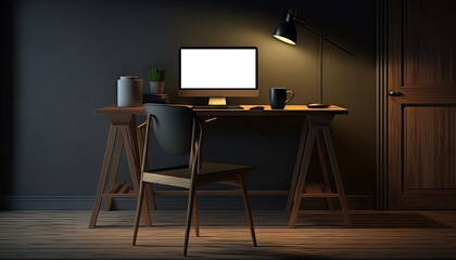 Dark modern workspace with mock up desktop computer on wooden table with lamp and stylish decoration. Generative AI