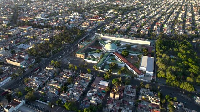 orbital drone shot of famous lecumberri prison and park in mexico city