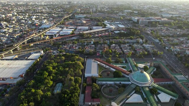 orbital dron shot of Lecumberri prison and main bus terminal