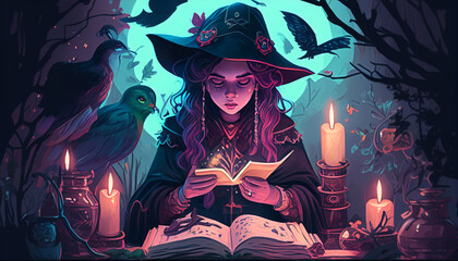 Witch woman using tarot cards for love spelling, witchcraft, divination and fortune telling. Magic illustration and alchemy.Generative AI - obrazy, fototapety, plakaty