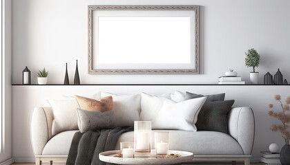 Fototapeta na wymiar Scandinavian interior living room with mock up frame on the wall. Generative AI