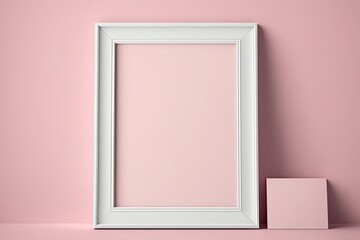 Wall poster realistic mockup. Vertical white picture frame standing on the floor near the wall in light rose color studio room. Generative AI illustration.