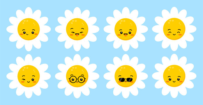 Daisy flower smile face happy cute character set. Chamomile fun emoji plant icon vector  illustration. Kids camomile emoticon collection.