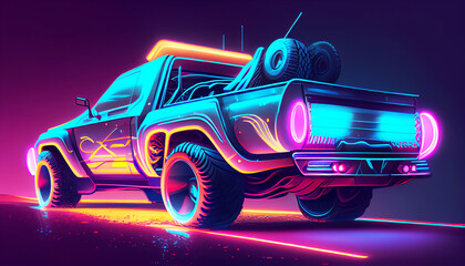 Obraz na płótnie Canvas high-tech cyberpunk pickup truck car parked on the street cyberpunk style illuminated with neon lights. Generative AI
