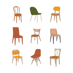 Set of various trendy colorful chairs. Furniture collection for interior design and decoration. Hand drawn vector illustration isolated on white background