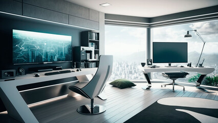 Fototapeta na wymiar A futuristic style home work with a high-tech computer, generative ai