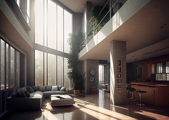 Modern barn house interior with soft sunset light coming from windows. Digitally generated AI image. Not an actual real interior & not base on any image prompts.