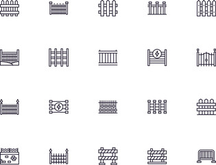 Fence concept. Collection of modern high quality fence line icons. Editable stroke. Premium linear symbol for web sites, flyers, banners, online shops and companies.