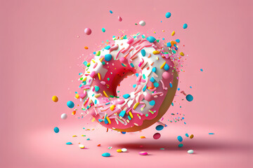 Fun pink donut in motion with colorful sprinkles falling and dancing in the pink background. Generative Ai