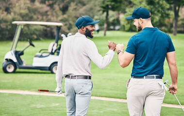 Man, friends and fist bump on golf course for sports, partnership or trust on grass field together....