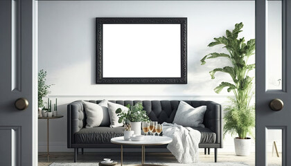 Scandinavian interior living room with mock up frame on the wall. Generative AI