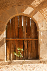 Rustic wooden door in stone frame