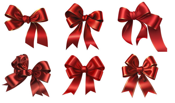 Six beautiful and big red satin bows on a transparent background, Generative AI