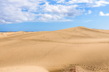 Fototapeta na wymiar View of desert sand dunes against a moody cloudy blue sky. Maspalomas Dunes in Playa del Ingles, Maspalomas, Gran Canaria, Spain.