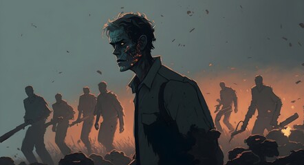 the man facing a zombie group, digital art style, illustration painting, Generative AI