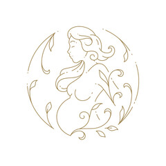 Obraz na płótnie Canvas Pregnant woman line art botanical blossom aesthetic circle frame golden vintage icon vector