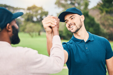 Man, friends and shaking hands on golf course for sports, partnership or trust on grass field...