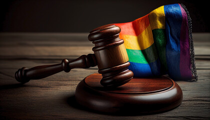 A thought-provoking image that juxtaposes the power of the law, embodied by the judge's gavel, with the beauty of diversity, symbolized by the rainbow flag. Ai generated.