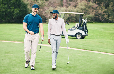 Friends, sports and men on golf course walking, talking and smiling on green grass at game. Health, fitness and friendship, black man and happy golfer with smile, a walk in nature on weekend together - obrazy, fototapety, plakaty