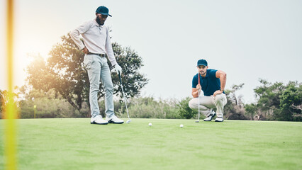 Sports, golf and friends with men on field for relax, hobby and competition match. Thinking,...