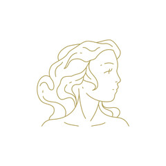 Romantic female hair cosmetology portrait golden line art deco vintage logo vector illustration
