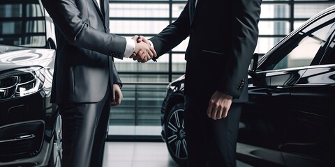 deux hommes en costume se serrent la main pour conclure une vente de voiture - generative ai - obrazy, fototapety, plakaty