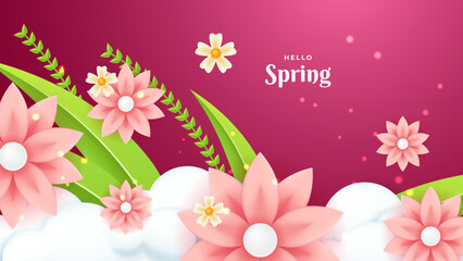 Spring landscape wallpaper design with floral illustration pink background