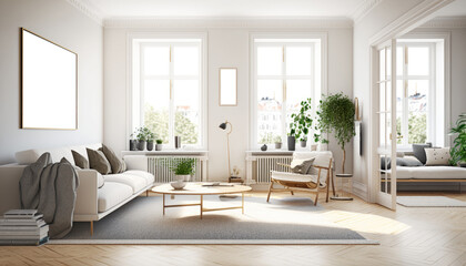 Fototapeta na wymiar Cozy living room interior, Scandinavian style, wooden furniture and elegant home accessories. Generative AI