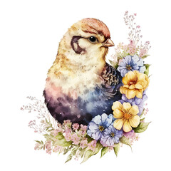 Easter chicken with flowers. Happy Easter day! Spring holiday. Watercolor illustration isolated on white background
