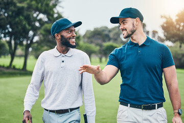 Friends, sports and golf, men walking, talking and smiling on grass course at outdoor game. Health, fitness and friendship, black man and happy golfer with smile walk in nature on weekend together.