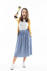 A full-length photo of a young woman with a gold cup on a white background. Isolated background