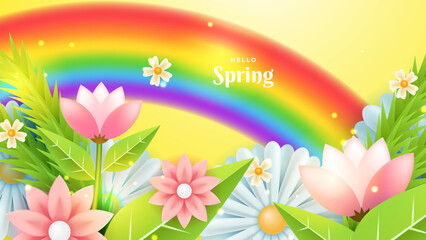 Gradient yellow spring floral background with rainbow and flowers season