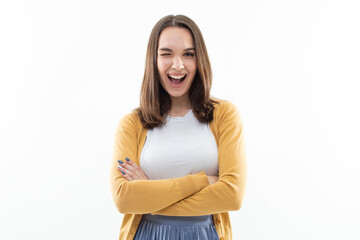 Portrait of a woman in a white t-shirt, yellow jacket and blue skirt on a white background