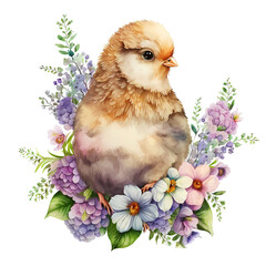 Easter chicken with flowers. Happy Easter day! Spring holiday. Watercolor illustration isolated on white background
