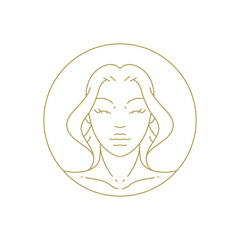 Beautiful woman portrait antique golden circle frame line art deco vintage logo vector illustration