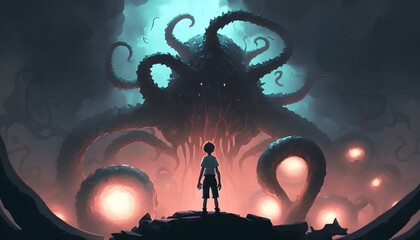 Dark fantasy scene showing a kid standing on a giant monster with blistering skin and tentacles, digital art style, illustration painting, Generative AI - obrazy, fototapety, plakaty